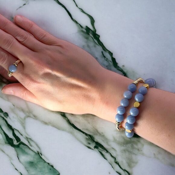 NWT Wool + Pepper Co. Angelite Gemstone & Gold Bracelets and Ring Set - Picture 3 of 3
